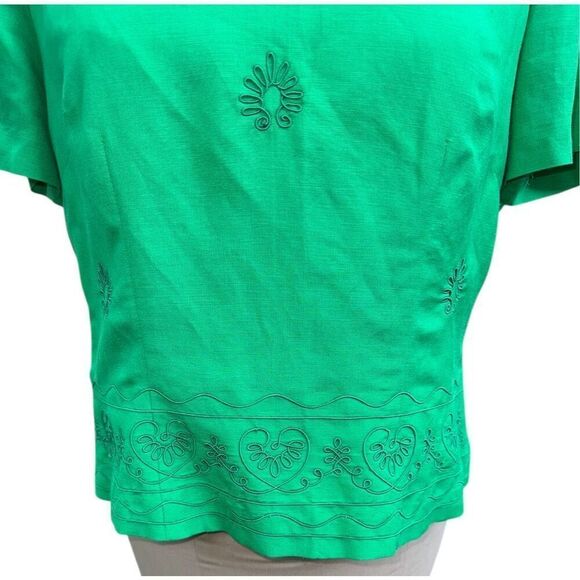 Kelly Green Linen Blend V-Neck Sht Slv Top by Halmode Petites Vintage Sz. 12 - Picture 4 of 10